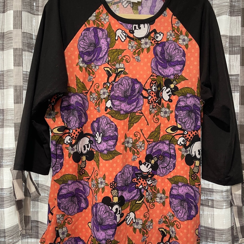 LuLaRoe Disney Randy Raglan Shirt - Black, Coral, and Purple Floral Design